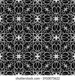 Patrón abstracto sin inconvenientes. Imitación de encaje. Lazo blanco sobre fondo negro. Gráficos en blanco y negro. Para el diseño y la decoración de tela, papel, papel pintado y embalaje.Patrón de malla.