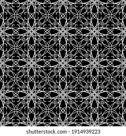 Patrón abstracto sin inconvenientes. Imitación de encaje. Lazo blanco sobre fondo negro. Gráficos en blanco y negro. Para el diseño y la decoración de tela, papel, papel pintado y embalaje.Patrón de malla.