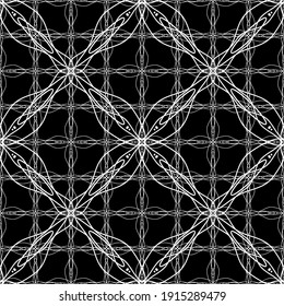 Seamless abstract pattern. Imitation lace. White lace on black background. Black and white graphics. For design and decoration of fabric, paper, Wallpaper and packaging.Mesh pattern.