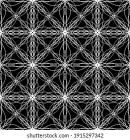 Patrón abstracto sin inconvenientes. Imitación de encaje. Lazo blanco sobre fondo negro. Gráficos en blanco y negro. Para el diseño y la decoración de tela, papel, papel pintado y embalaje.Patrón de malla.