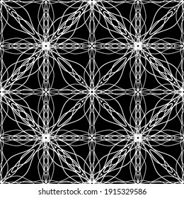 Seamless abstract pattern. Imitation lace. White lace on black background. Black and white graphics. For design and decoration of fabric, paper, Wallpaper and packaging.Mesh pattern.