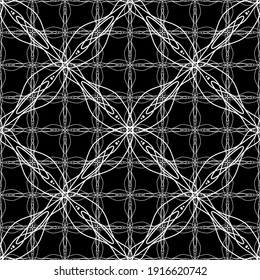 Patrón abstracto sin inconvenientes. Imitación de encaje. Lazo blanco sobre fondo negro. Gráficos en blanco y negro. Para el diseño y la decoración de tela, papel, papel pintado y embalaje.Patrón de malla.