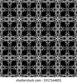Seamless abstract pattern. Imitation lace. White lace on black background. Black and white graphics. For design and decoration of fabric, paper, Wallpaper and packaging.Mesh pattern.