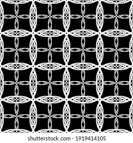 Nahtlose abstrakte Muster. Nachahmung. Weiße Spitzen auf schwarzem Hintergrund. Schwarz-Weiß-Grafik. Für Design und Dekoration von Stoff, Papier, Tapete und Verpackung.Mesh Muster.