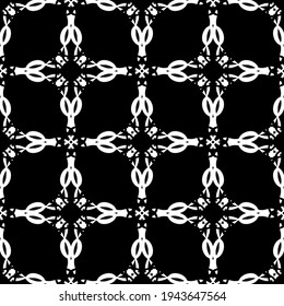 Patrón abstracto sin inconvenientes. Imitación de encaje. Lazo blanco sobre el fondo negro. Gráficos en blanco y negro. Para el diseño y la decoración de tejidos, papel, papel pintado y embalajes.Patrón de malla.