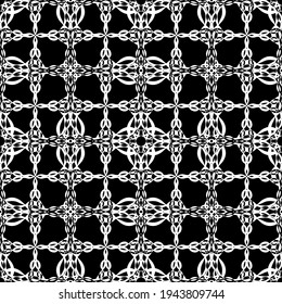 Seamless abstract pattern. Imitation lace. White lace on black background. Black and white graphics. For design and decoration of fabric, paper, Wallpaper and packaging.Mesh pattern.
