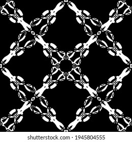 Patrón abstracto sin inconvenientes. Imitación de encaje. Lazo blanco sobre el fondo negro. Gráficos en blanco y negro. Para el diseño y la decoración de tejidos, papel, papel pintado y embalajes.Patrón de malla.