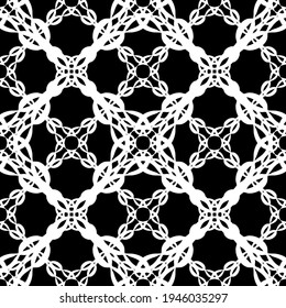 Seamless abstract pattern. Imitation lace. White lace on black backround. Black and white graphics. For design and decoratiogn of fabric, paper, Wallpaper and packaging.Mesh pattern.