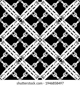 Patrón abstracto sin inconvenientes. Imitación de encaje. Lazo blanco sobre fondo negro. Gráficos en blanco y negro. Para el diseño y la decoración de tela, papel, papel pintado y embalaje.Patrón de malla.