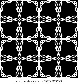 Patrón abstracto sin inconvenientes. Imitación de encaje. Lazo blanco sobre fondo negro. Gráficos en blanco y negro. Para el diseño y la decoración de tela, papel, papel pintado y embalaje.Patrón de malla.