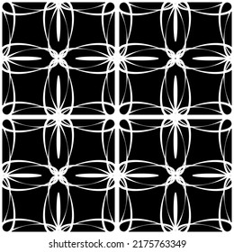 Patrón abstracto sin inconvenientes. Imitación de encaje. Lazo blanco sobre fondo negro. Gráficos en blanco y negro. Para el diseño y la decoración de tela, papel, papel pintado y embalaje.Patrón de malla.