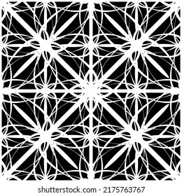 Patrón abstracto sin inconvenientes. Imitación de encaje. Lazo blanco sobre fondo negro. Gráficos en blanco y negro. Para el diseño y la decoración de tela, papel, papel pintado y embalaje.Patrón de malla.