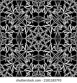 Patrón abstracto sin inconvenientes. Imitación de encaje. Lazo blanco sobre fondo negro. Gráficos en blanco y negro. Para el diseño y la decoración de tela, papel, papel pintado y embalaje.Patrón de malla.