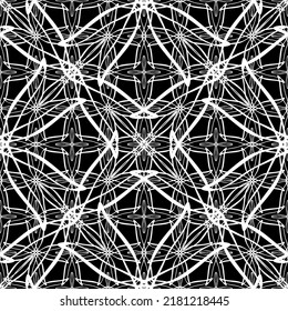 Patrón abstracto sin inconvenientes. Imitación de encaje. Lazo blanco sobre fondo negro. Gráficos en blanco y negro. Para el diseño y la decoración de tela, papel, papel pintado y embalaje.Patrón de malla.