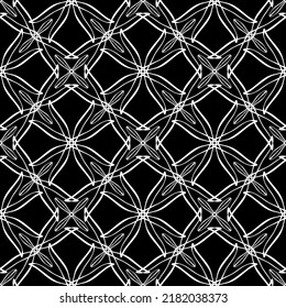 Patrón abstracto sin inconvenientes. Imitación de encaje. Lazo blanco sobre fondo negro. Gráficos en blanco y negro. Para el diseño y la decoración de tela, papel, papel pintado y embalaje.Patrón de malla.