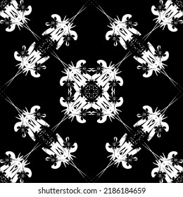 Nahtlose abstrakte Muster. Nachahmung. Weiße Spitzen auf schwarzem Hintergrund. Schwarz-Weiß-Grafik. Für Design und Dekoration von Stoff, Papier, Tapete und Verpackung.Mesh Muster.