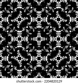 Patrón abstracto sin inconvenientes. Imitación de encaje. Lazo blanco sobre fondo negro. Gráficos en blanco y negro. Para el diseño y la decoración de tela, papel, papel pintado y embalaje.Patrón de malla.
