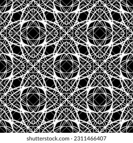 Patrón abstracto sin inconvenientes. Imitación de encaje. Lazo blanco sobre fondo negro. Gráficos en blanco y negro. Para el diseño y la decoración de tela, papel, papel pintado y embalaje.Patrón de malla.