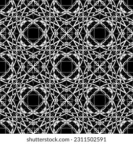 Nahtlose abstrakte Muster. Nachahmung. Weiße Spitzen auf schwarzem Hintergrund. Schwarz-Weiß-Grafik. Für Design und Dekoration von Stoff, Papier, Tapete und Verpackung.Mesh Muster.