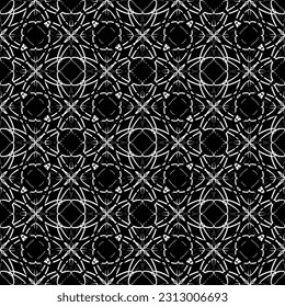Patrón abstracto sin inconvenientes. Imitación de encaje. Lazo blanco sobre fondo negro. Gráficos en blanco y negro. Para el diseño y la decoración de tela, papel, papel pintado y embalaje.Patrón de malla.
