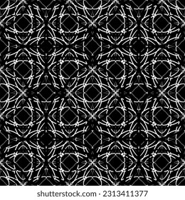 Patrón abstracto sin inconvenientes. Imitación de encaje. Lazo blanco sobre fondo negro. Gráficos en blanco y negro. Para el diseño y la decoración de tela, papel, papel pintado y embalaje.Patrón de malla.