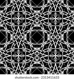 Seamless abstract pattern. Imitation lace. White lace on black background. Black and white graphics. For design and decoration of fabric, paper, Wallpaper and packaging.Mesh pattern.