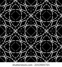 Nahtlose abstrakte Muster. Nachahmung. Weiße Spitzen auf schwarzem Hintergrund. Schwarz-Weiß-Grafik. Für Design und Dekoration von Stoff, Papier, Tapete und Verpackung.Mesh Muster.
