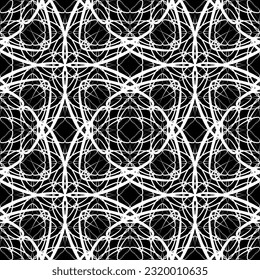 Patrón abstracto sin inconvenientes. Imitación de encaje. Lazo blanco sobre fondo negro. Gráficos en blanco y negro. Para el diseño y la decoración de tela, papel, papel pintado y embalaje.Patrón de malla.