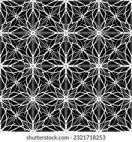 Patrón abstracto sin inconvenientes. Imitación de encaje. Lazo blanco sobre fondo negro. Gráficos en blanco y negro. Para el diseño y la decoración de tela, papel, papel pintado y embalaje.Patrón de malla.