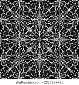 Patrón abstracto sin inconvenientes. Imitación de encaje. Lazo blanco sobre fondo negro. Gráficos en blanco y negro. Para el diseño y la decoración de tela, papel, papel pintado y embalaje.Patrón de malla.