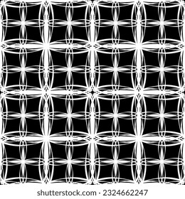 Patrón abstracto sin inconvenientes. Imitación de encaje. Lazo blanco sobre fondo negro. Gráficos en blanco y negro. Para el diseño y la decoración de tela, papel, papel pintado y embalaje.Patrón de malla.
