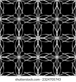 Patrón abstracto sin inconvenientes. Imitación de encaje. Lazo blanco sobre fondo negro. Gráficos en blanco y negro. Para el diseño y la decoración de tela, papel, papel pintado y embalaje.Patrón de malla.