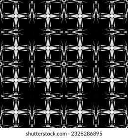 Patrón abstracto sin inconvenientes. Imitación de encaje. Lazo blanco sobre fondo negro. Gráficos en blanco y negro. Para el diseño y la decoración de tela, papel, papel pintado y embalaje.Patrón de malla.