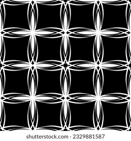 Patrón abstracto sin inconvenientes. Imitación de encaje. Lazo blanco sobre fondo negro. Gráficos en blanco y negro. Para el diseño y la decoración de tela, papel, papel pintado y embalaje.Patrón de malla.