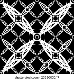 Patrón abstracto sin inconvenientes. Imitación de encaje. Lazo blanco sobre fondo negro. Gráficos en blanco y negro. Para el diseño y la decoración de tela, papel, papel pintado y embalaje.Patrón de malla.