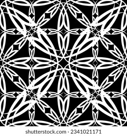 Patrón abstracto sin inconvenientes. Imitación de encaje. Lazo blanco sobre fondo negro. Gráficos en blanco y negro. Para el diseño y la decoración de tela, papel, papel pintado y embalaje.Patrón de malla.