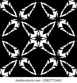 Patrón abstracto sin inconvenientes. Imitación de encaje. Lazo blanco sobre fondo negro. Gráficos en blanco y negro. Para el diseño y la decoración de tela, papel, papel pintado y embalaje.Patrón de malla.