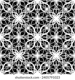 Patrón abstracto sin inconvenientes. Imitación de encaje. Lazo blanco sobre fondo negro. Gráficos en blanco y negro. Para el diseño y la decoración de tela, papel, papel pintado y embalaje.Patrón de malla.