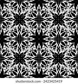 Patrón abstracto sin inconvenientes. Imitación de encaje. Lazo blanco sobre fondo negro. Gráficos en blanco y negro. Para el diseño y la decoración de tela, papel, papel pintado y embalaje.Patrón de malla.