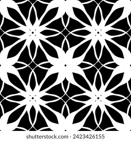 Patrón abstracto sin inconvenientes. Imitación de encaje. Lazo blanco sobre fondo negro. Gráficos en blanco y negro. Para el diseño y la decoración de tela, papel, papel pintado y embalaje.Patrón de malla.