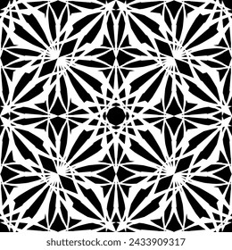 Nahtloses abstraktes Muster. Nachgemachte Spitze. Weiße Spitze auf schwarzem Hintergrund. Schwarz-Weiß-Grafik. Für Design und Dekoration von Stoff, Papier, Tapeten und Verpackung.Mesh-Muster.