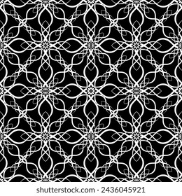 Patrón abstracto sin fisuras. Imitación de encaje. Encaje blanco sobre fondo negro. Gráficos en blanco y negro. Para el diseño y la decoración de tela, papel, papel pintado y embalaje.