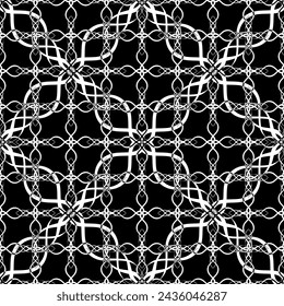 Patrón abstracto sin fisuras. Imitación de encaje. Encaje blanco sobre fondo negro. Gráficos en blanco y negro. Para el diseño y la decoración de tela, papel, papel pintado y embalaje.