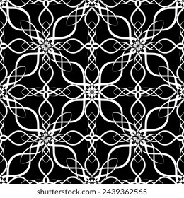 Patrón abstracto sin fisuras. Imitación de encaje. Encaje blanco sobre fondo negro. Gráficos en blanco y negro. Para el diseño y la decoración de tela, papel, papel pintado y embalaje.