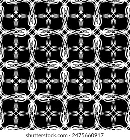 Patrón abstracto sin fisuras. Imitación de encaje. Encaje blanco sobre fondo negro. Gráficos en blanco y negro. Para el diseño y la decoración de tela, papel, Fondo de pantalla y embalaje.