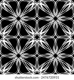Seamless abstract pattern. Imitation lace. White lace on black background. Black and white graphics. For design and decoration of fabric, paper, Wallpaper and packaging.Mesh pattern.