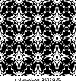 Patrón abstracto sin fisuras. Imitación de encaje. Encaje blanco sobre fondo negro. Gráficos en blanco y negro. Para el diseño y la decoración de tela, papel, Fondo de pantalla y embalaje.