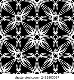Nahtloses abstraktes Muster. Nachgemachte Spitze. Weiße Spitze auf schwarzem Hintergrund. Schwarz-Weiß-Grafik. Für Design und Dekoration von Stoff, Papier, Bildschirmhintergrund und Verpackung.Mesh-Muster.