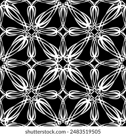 Patrón abstracto sin fisuras. Imitación de encaje. Encaje blanco sobre fondo negro. Gráficos en blanco y negro. Para el diseño y la decoración de tela, papel, Fondo de pantalla y embalaje.