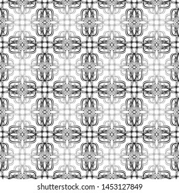 Seamless abstract pattern. Imitation lace.Black and grey lace on white background.Monochrome graphics. For design and decoration of fabric, paper, Wallpaper and packaging.Grid pattern.Layered pattern.